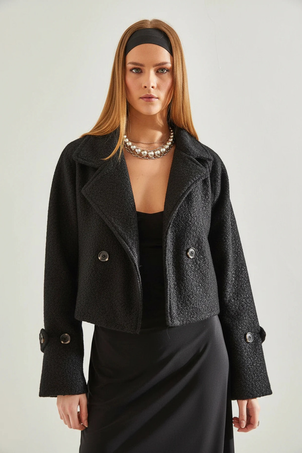 Women's Double-Breasted Boucle Black Jacket