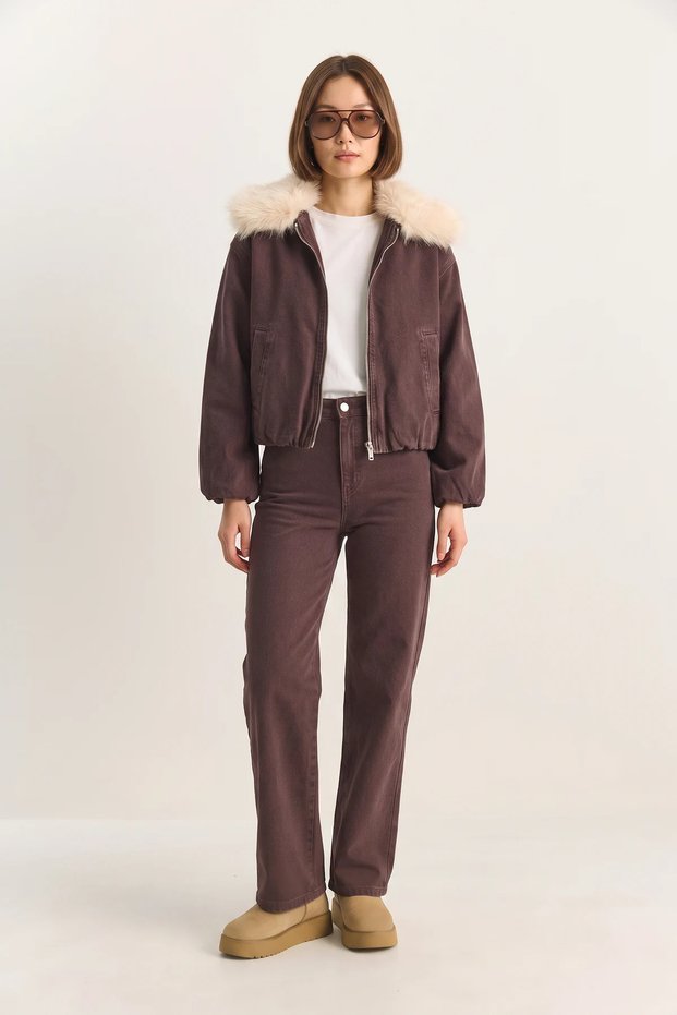 Women's Faux Fur Collar Lined Denim Bomber Jacket with Pocket Detail and Brown Pants Set