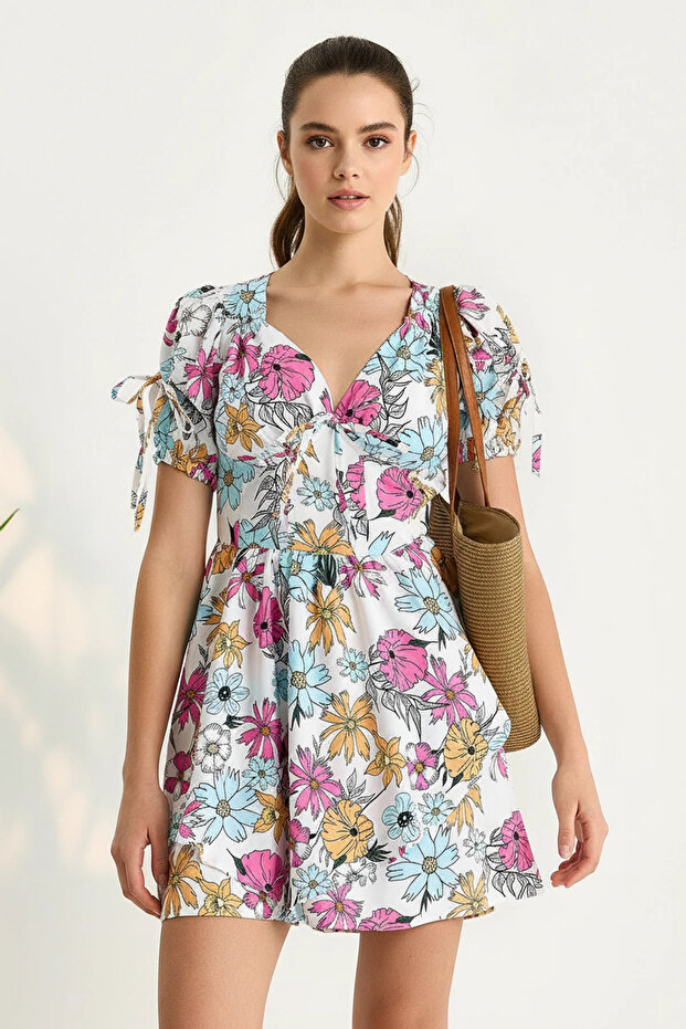 Women's Floral Patterned Mini Pink Dress with Bow Detail