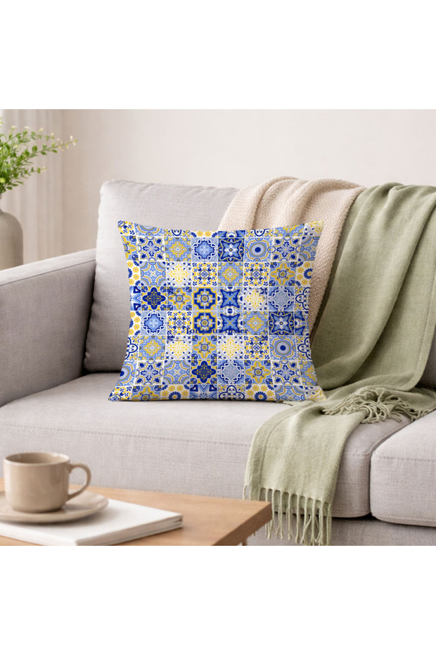 Blue Yellow Tile Mosaic Patterned Decorative Throw Pillow Cover Mediterranean Decor 43X43 cm