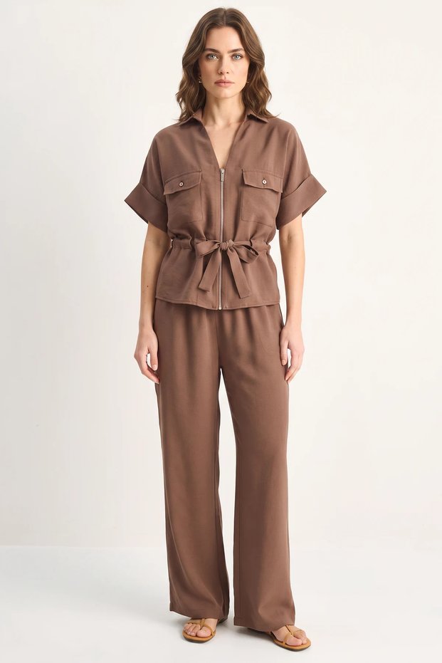 Women's Adjustable Waist Detailed Short Sleeve Vest with Elastic Waist Cocoa Set