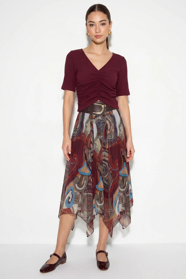 Women's Belt Detailed Patterned Lined Asymmetrical Chiffon Midi Burgundy Skirt