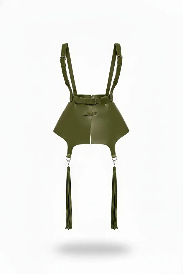 Tasseled Khaki Faux Leather Waist Corset with Shoulder Straps