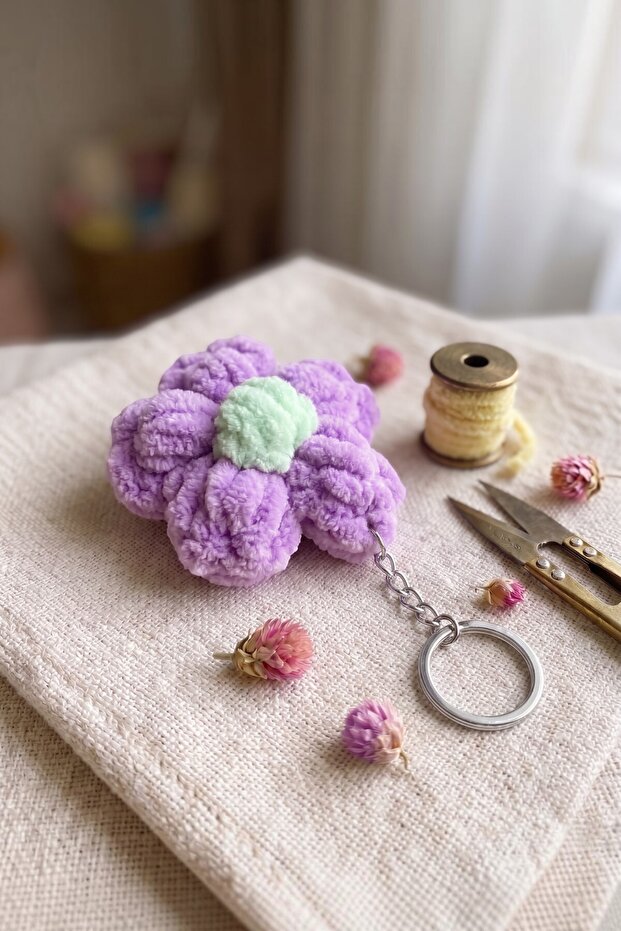 Handmade Puff Flower Bag Charm - Plush Keychain with Silver Chain