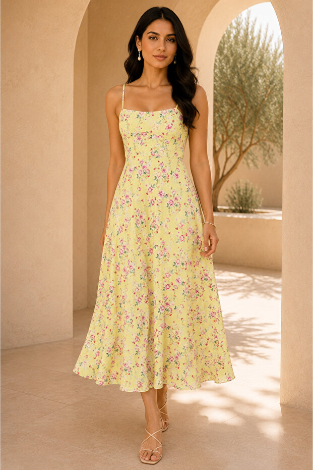 Women's Thin Strap Floral Patterned Midi Dress - Pastel Yellow