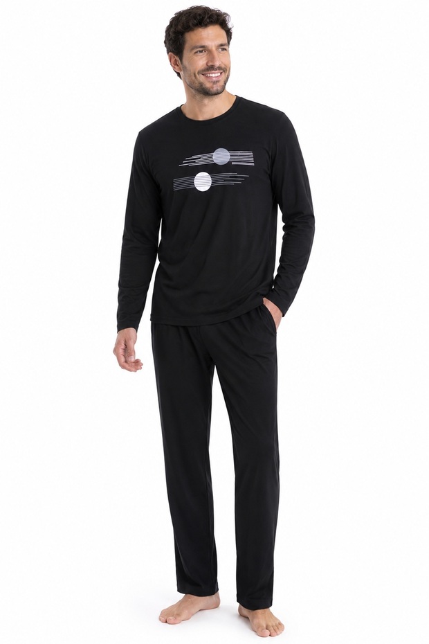 Men's Pajama Set, Crew Neck, Cotton, Geometric Line Circle Printed