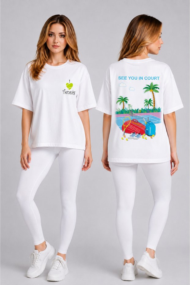 Unisex Oversize Tennis Printed T-Shirt 100% Cotton Tennis Themed Comfortable Fit Short Sleeve T-Shirt