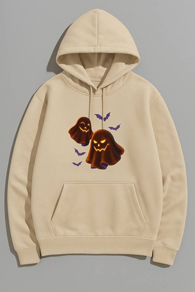 Unisex Oversize 3 Thread Yarn Kangaroo Pocket "Ghost and Bat" Printed Hooded Sweatshirt
