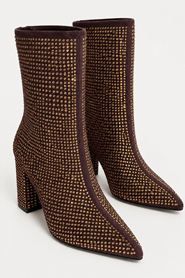 Sky Women's Brown Suede Gold Stone Boots - Pointed Toe Stone Embellished Thick Heeled Back Zipper Boots