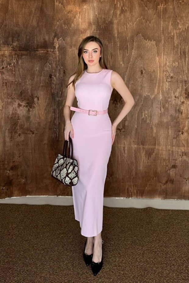Pink Belted Slit Sleeveless Dress