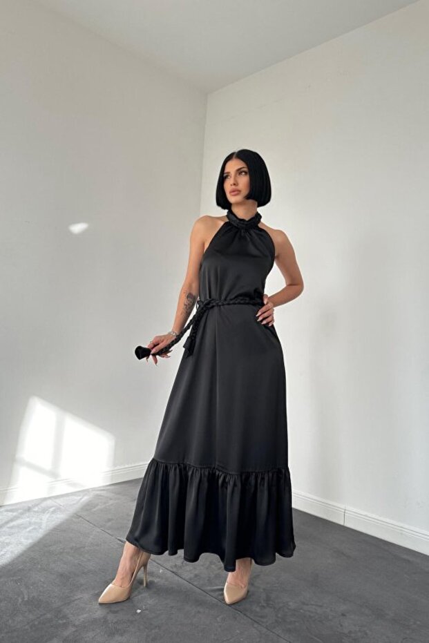Black Halter Neck Braided Dress