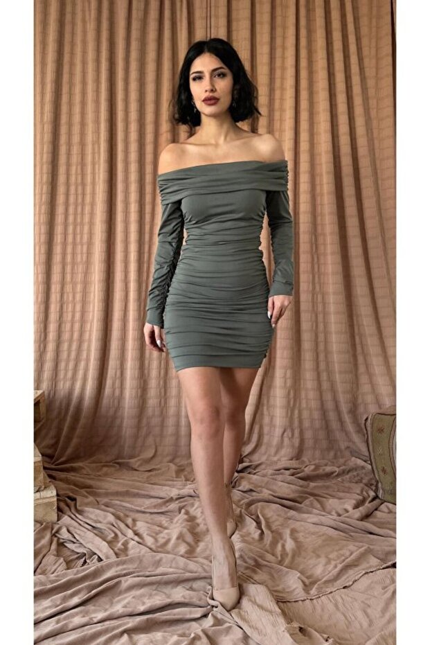 Khaki Gathered Madonna Collar Dress