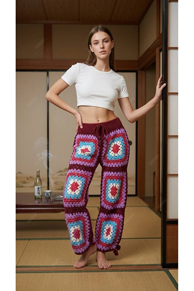 Hand Knitted Motif Women's Trousers Standard Size