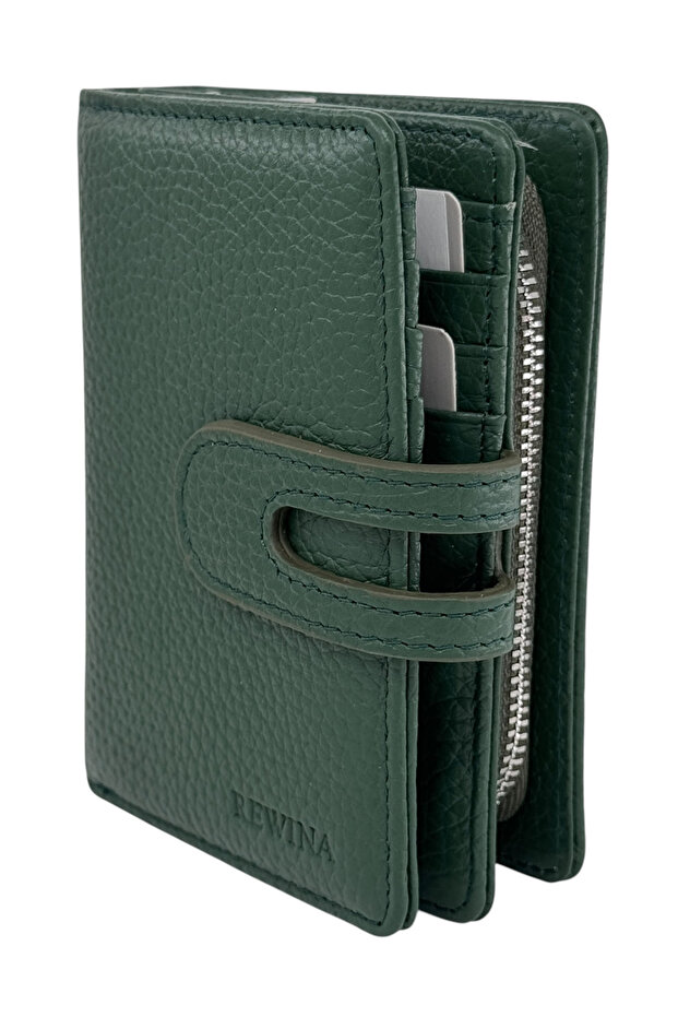 100% Genuine Leather Vertical Model Women's Wallet with Patches and Snap Fasteners, Khaki