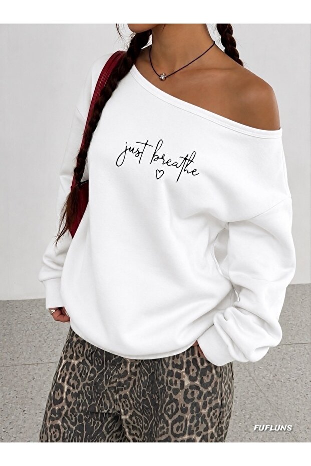 Just Breathe Heart Printed Oversize Women's Boat Neck Sweatshirt