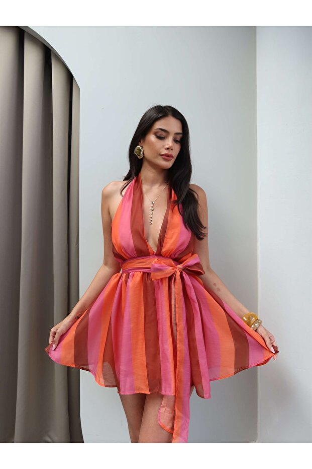 Halter Neck Side Tie Chiffon Dress