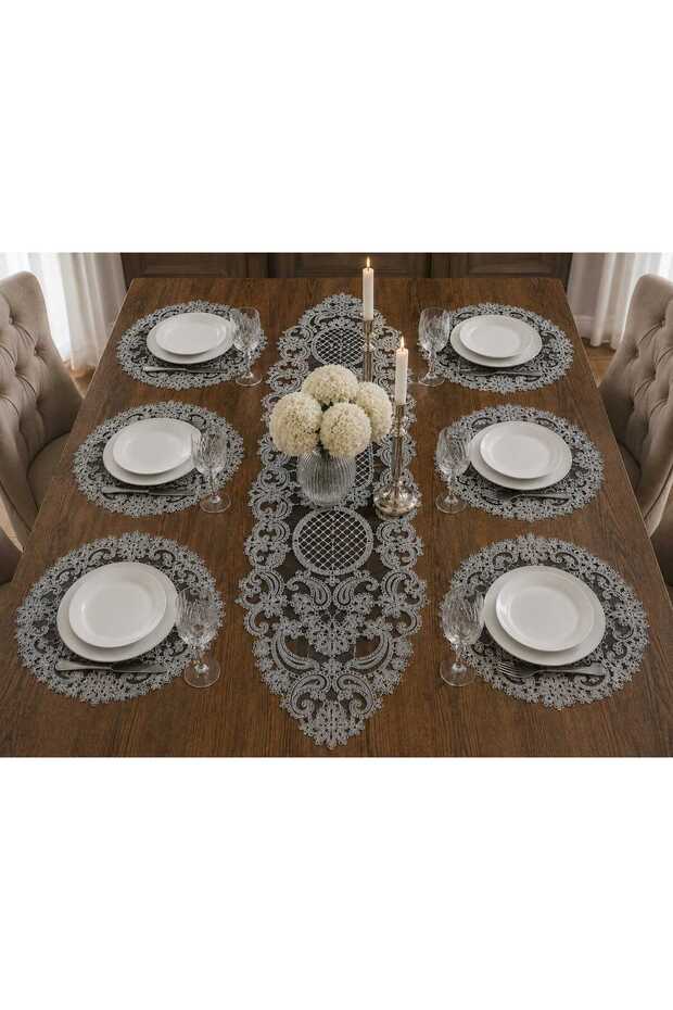 Black Tulle with French Lace Runner and Supla Set for 6 People with Silver Glitter