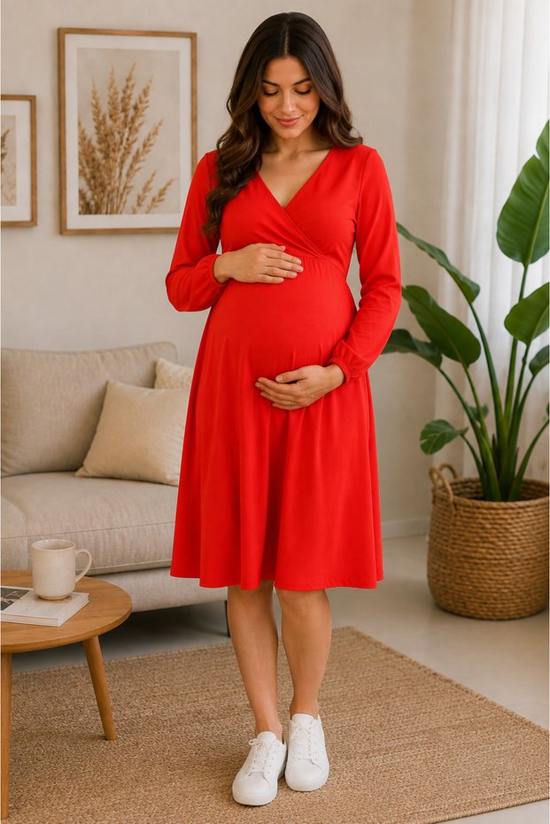 Maternity Dress Tie-Up V-Neck Long Sleeve Stylish Casual Pregnant Women Dress