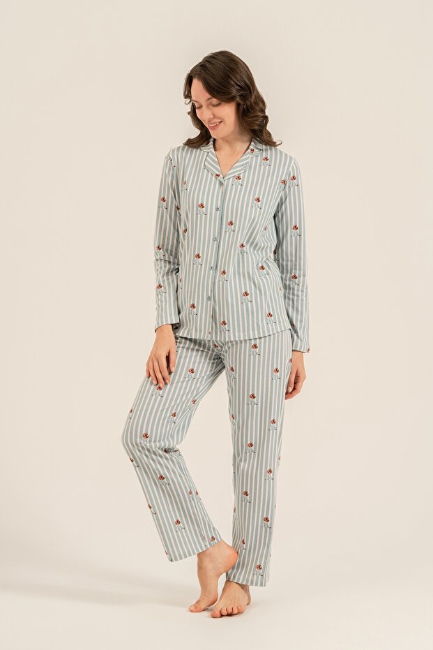 Women'S, Long Sleeve, Striped, Shirt Pajama Set (with Socks as a Gift)