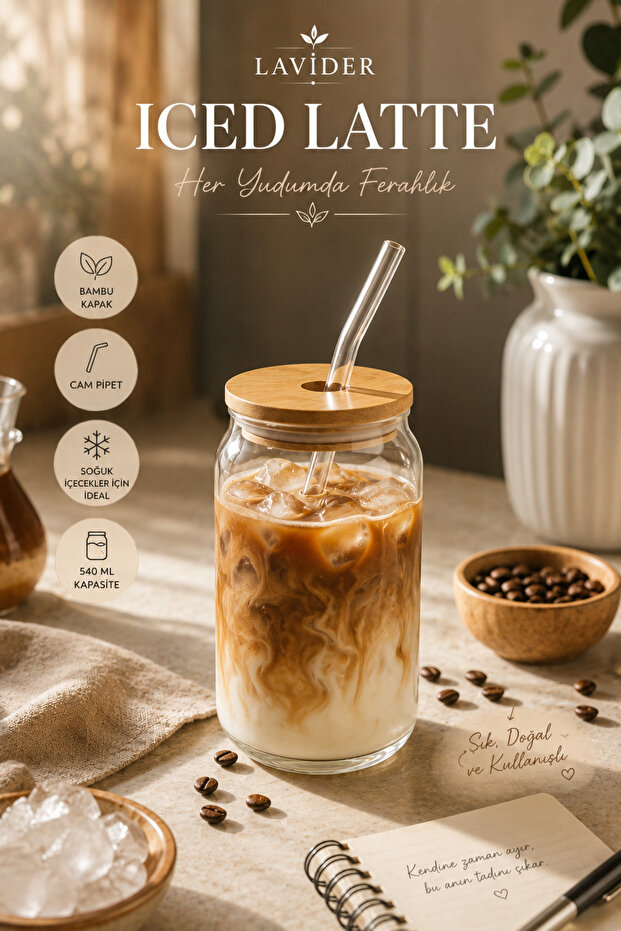 1 Piece 540 ml Glass Cup with Bamboo Lid and Glass Straw Iced Coffee Cold Coffee Lemonade Cup
