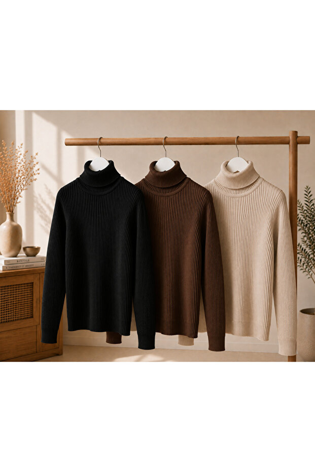 Women's 3-Piece Body-Fitting Turtleneck Ribbed Knit Sweater
