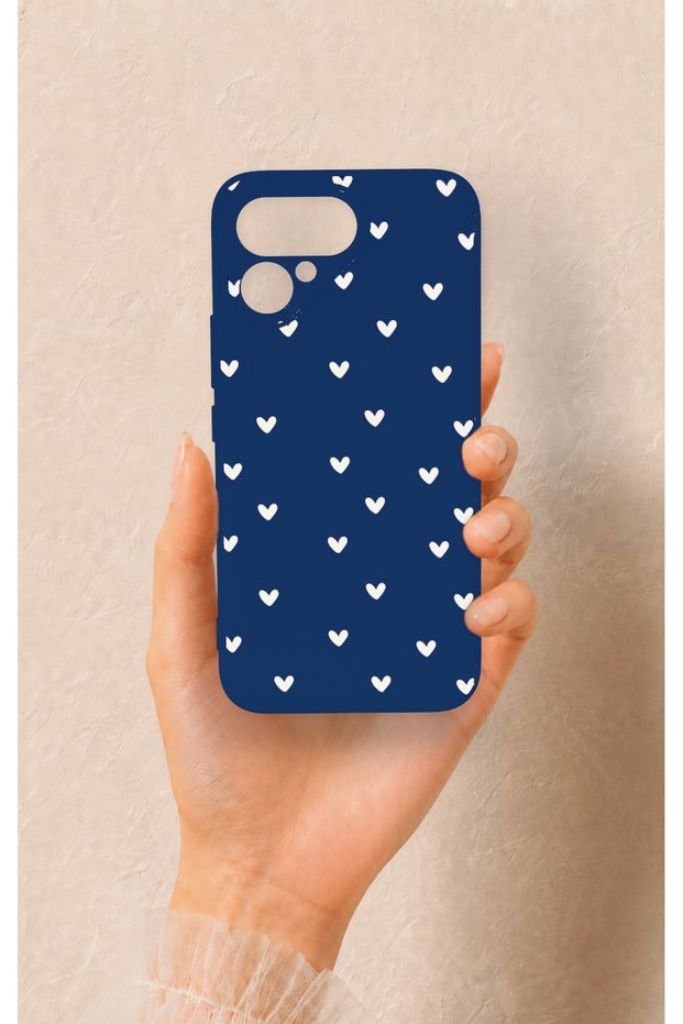 Tecno Pova Curve 2 Compatible Mini White Heart Navy Blue Patterned Silicone Case
