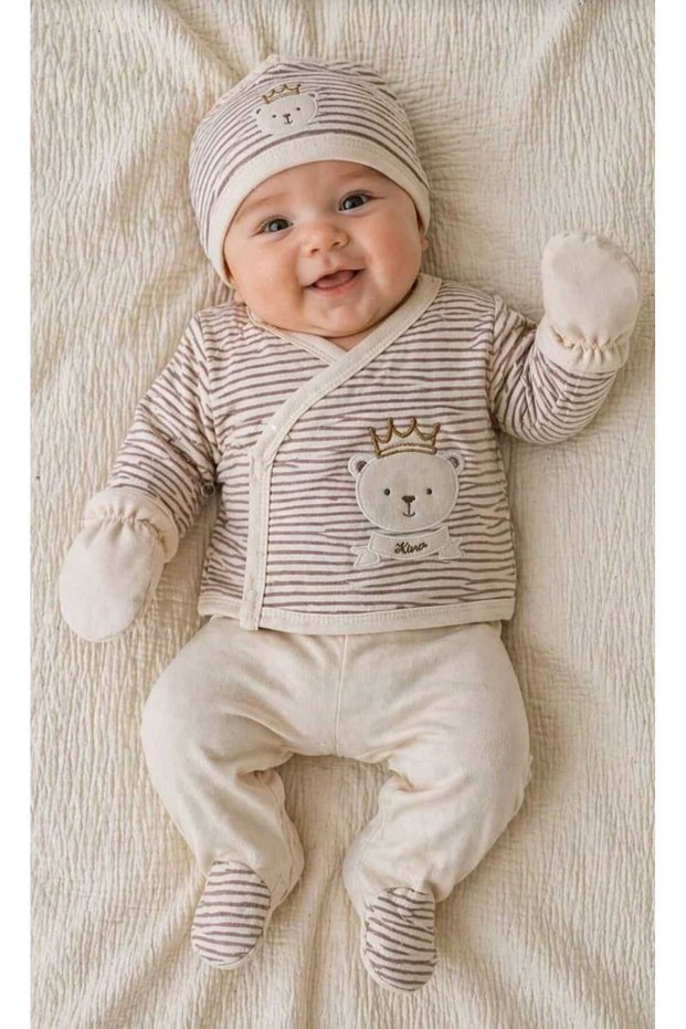Baby King Teddy Bear Embroidered 5-Piece Newborn Hospital Release Bodysuit Set Yk1102