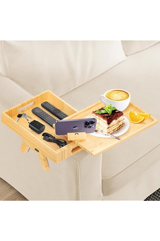 Angju Sofa Armrest Tray with Storage Box, Double Layer Bamboo Couch Arm Table with 360° Swivel Tabletop and Cell Phone Holder, Adjustable Sofa Arm Clip Table for Drink/Remote/Snack Holder