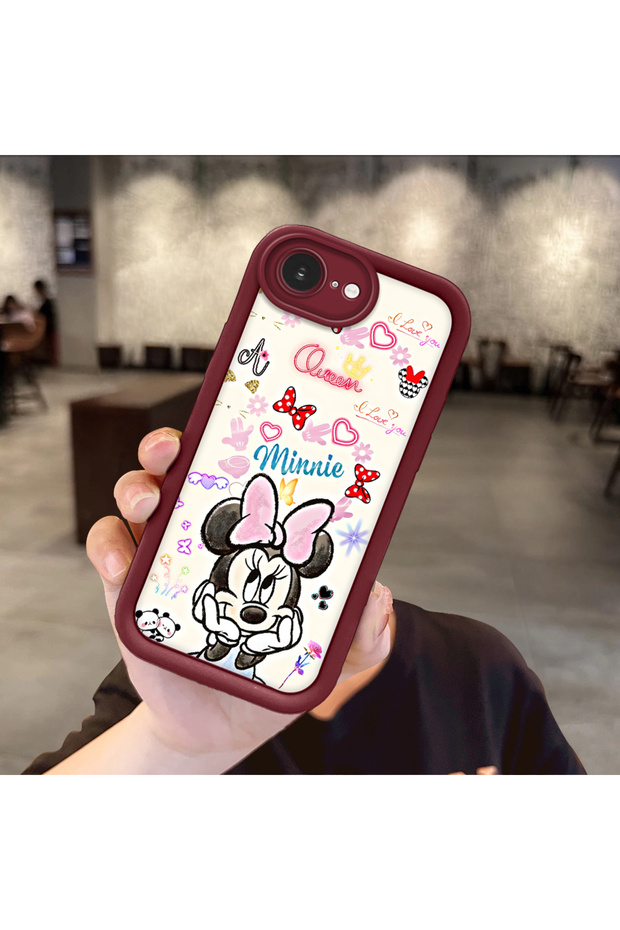 iPhone 17E Compatible Case Camera Protector Minnie Pattern Claret Red Loving Couple Silicone Phone Case