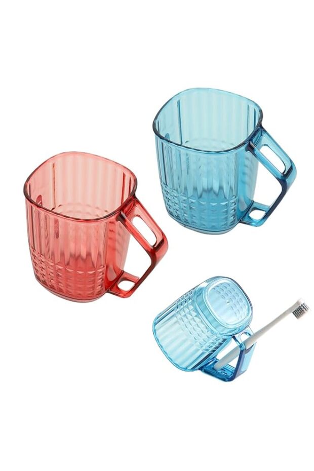 HASTHIP® 2-in-1 Mouthwash Cup with Toothbrush Holder - Inverted Drying Design, Tilted Upside-Down Cup for Quick Drainage, Stylish Hammered Pattern Clear Mouthwash Cups, Pack of 2