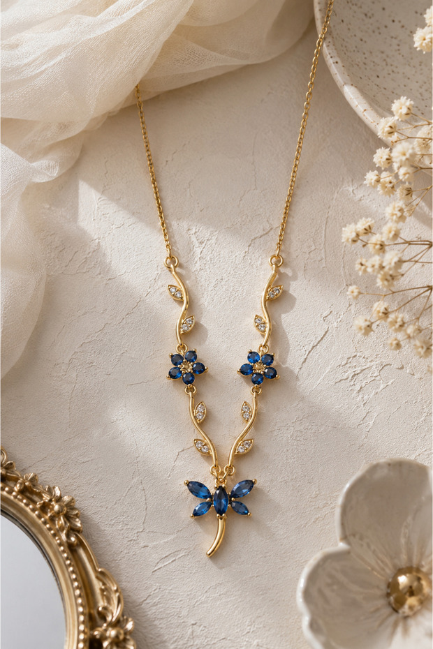 V Model Luxury Steel Necklace with Blue Stone and Ivy Dragonfly Figure (Gold Color)