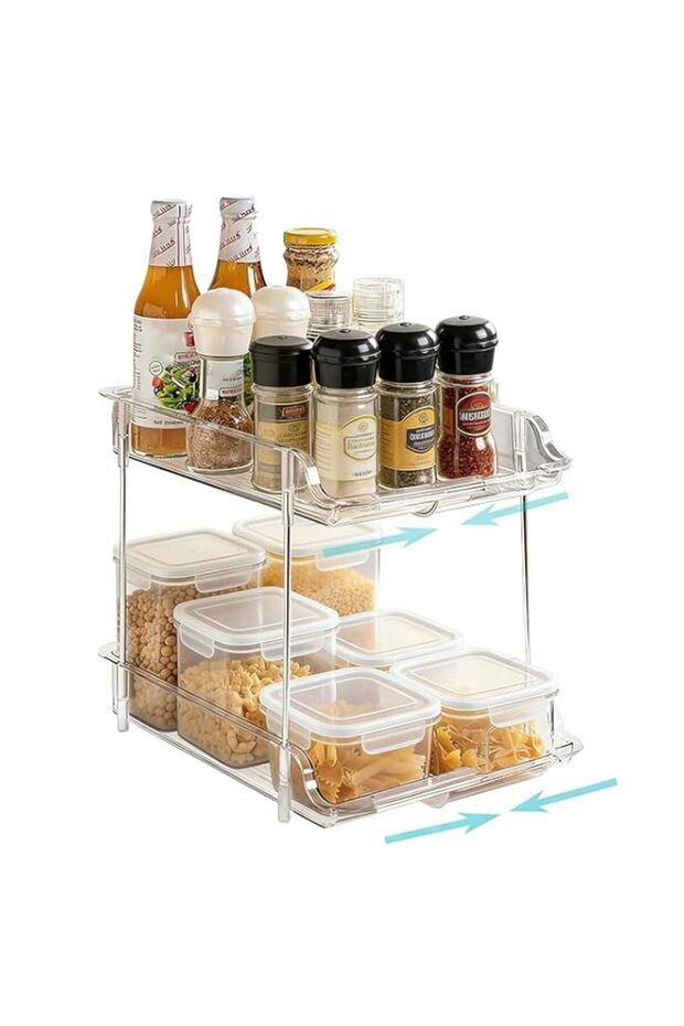 Angju Expandable Cabinet Organizer Shelf, 2-Tier kitchen Counter Organization Shelves, Spice Rack,Clear Plastic Countertop Storage Rack for Makeup, Pantry, Cupboard, Bathroom, Desk Organization