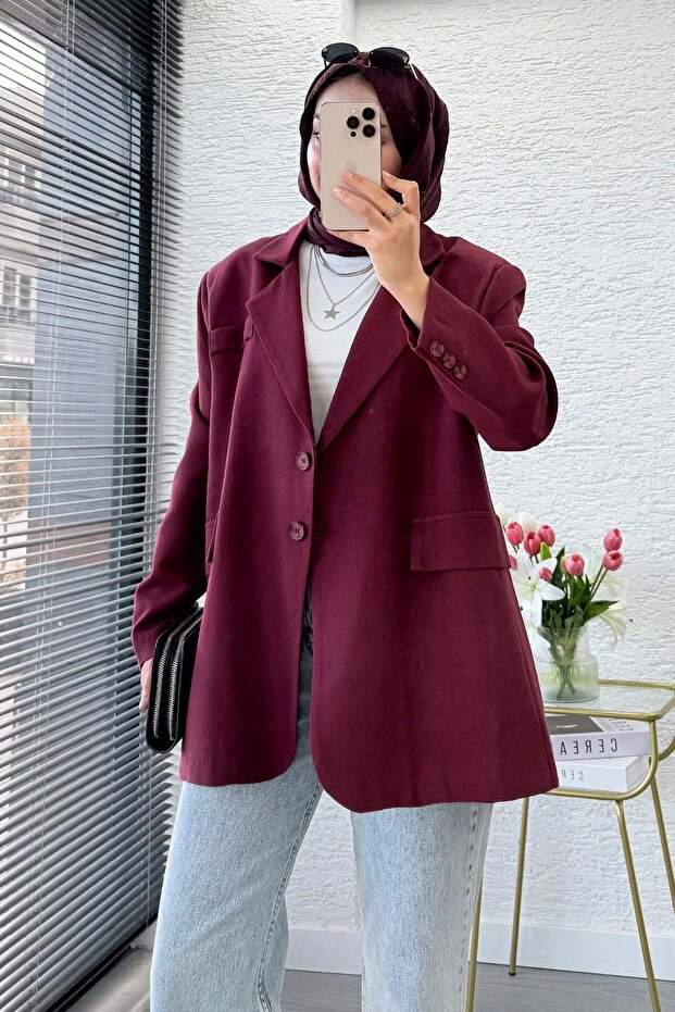 Two Button Linen Blazer Women's Jacket - Burgundy