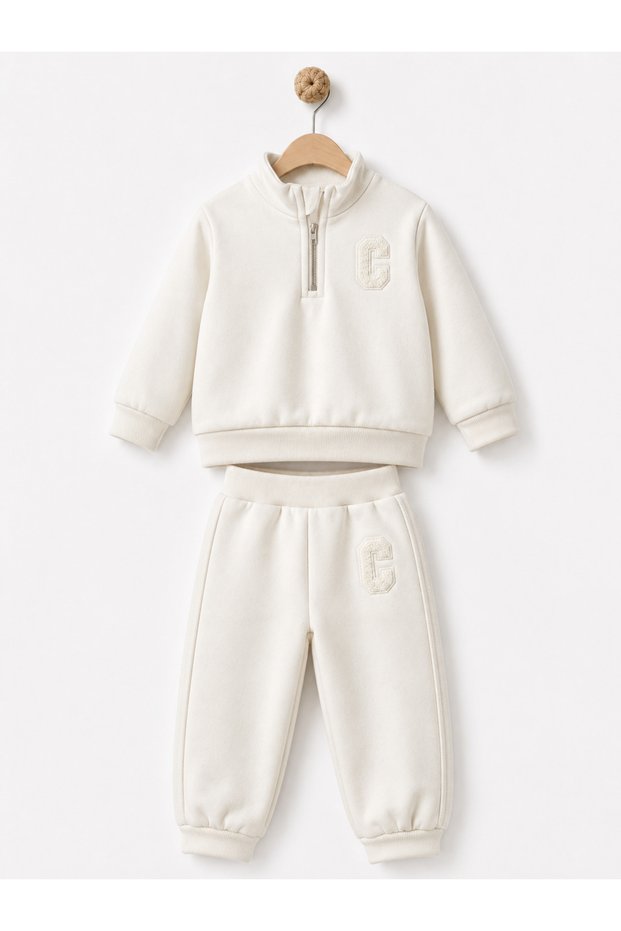 Unisex Top and Bottom Set 47% Cotton Modal Blend Half Zipper Embroidery Detailed Baby Set Ecru