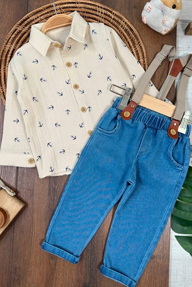 Baby Boy Sailor Anchor Patterned Long Sleeve Shirt and Jeans Pants Suspender Set 100% Cotton