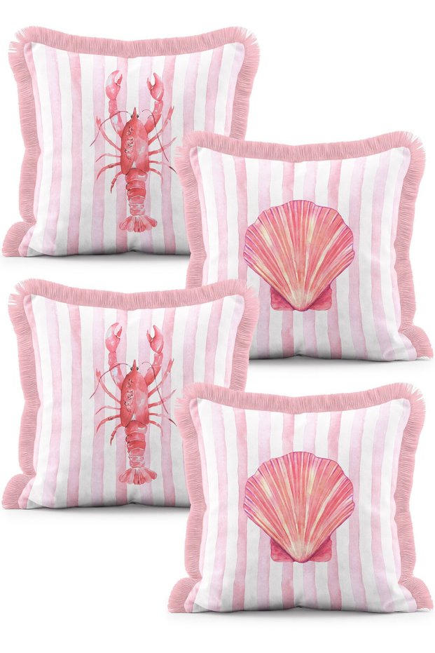 Pink Striped Lobster and Seashell Patterned 4-Piece Fringed Throw Pillow Cover Set