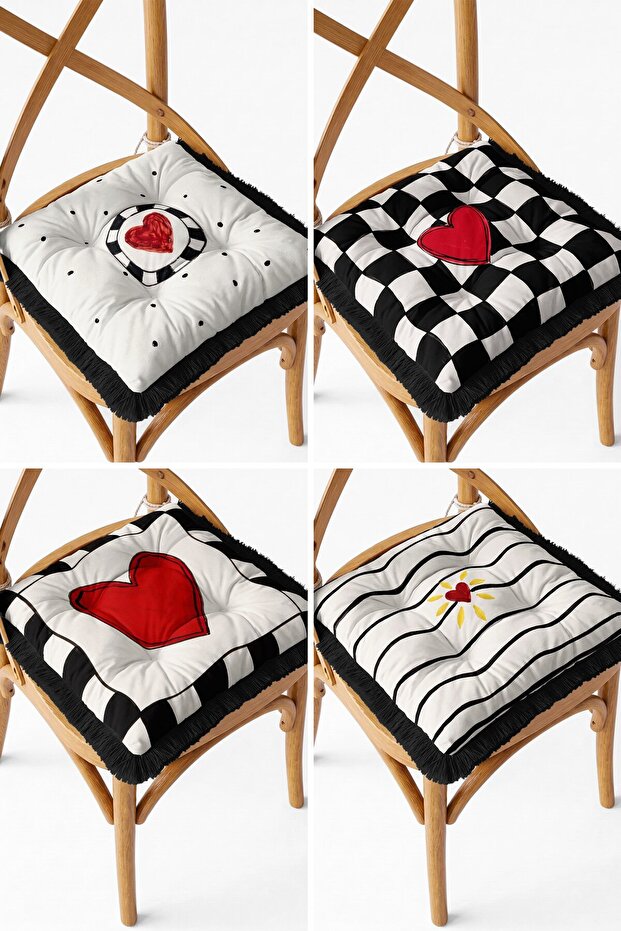 Black and White Checkered Red Heart Patterned Fringed 4-Piece Puffy Kitchen Chair Cushion Set