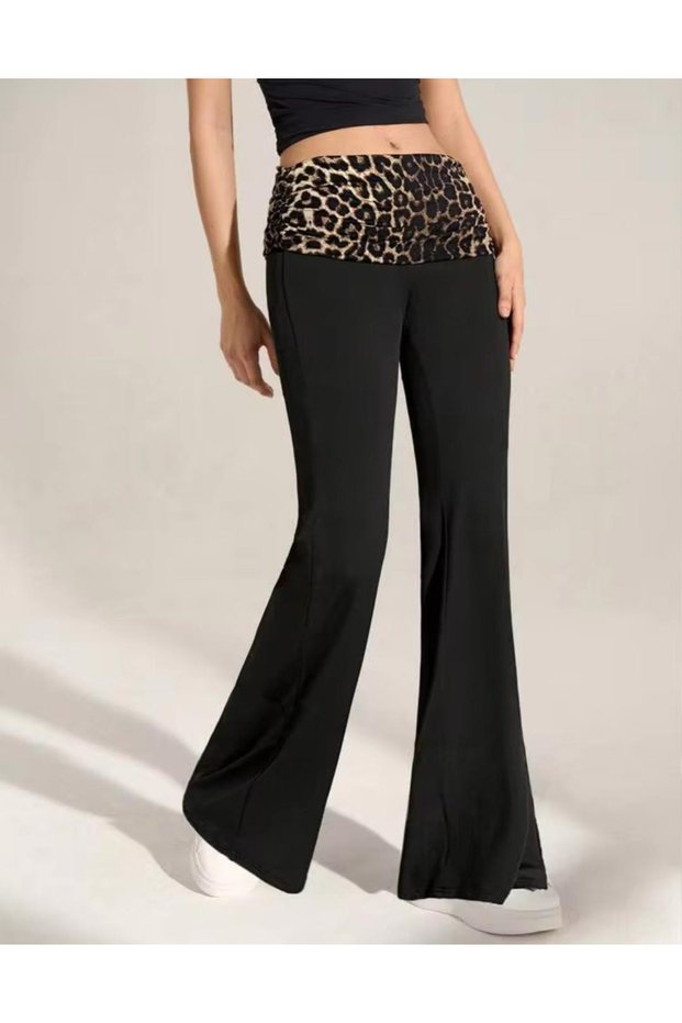 Black Color Leopard Waistband Folded Elastic Flare Spanish Flare Panlalon, Waist Folded Leggings