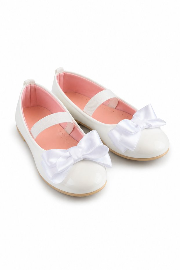Girl's White Ballerina Ballet Shoes with Bow on the Front