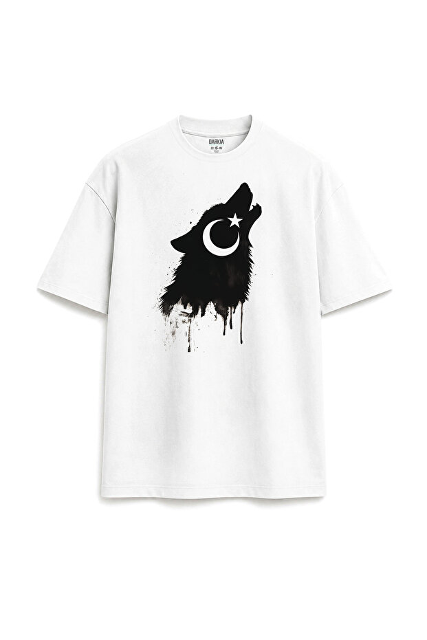 Göktürk Bozkurt Moon Star Printed Special Design White T-Shirt