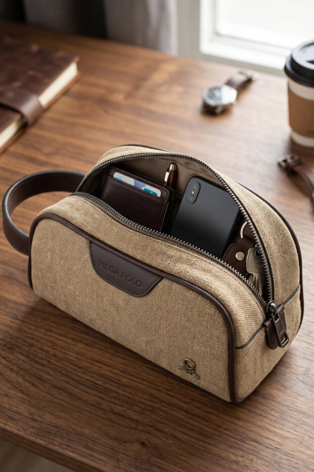 Mega 433 Men's Hand Portfolio Handbag Clutch Bag Shaving Bag Camel-Brown