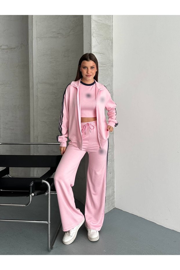 Women's New Season 3-Piece Crop Top, Zippered Front, Pink Striped Modal Tracksuit Set