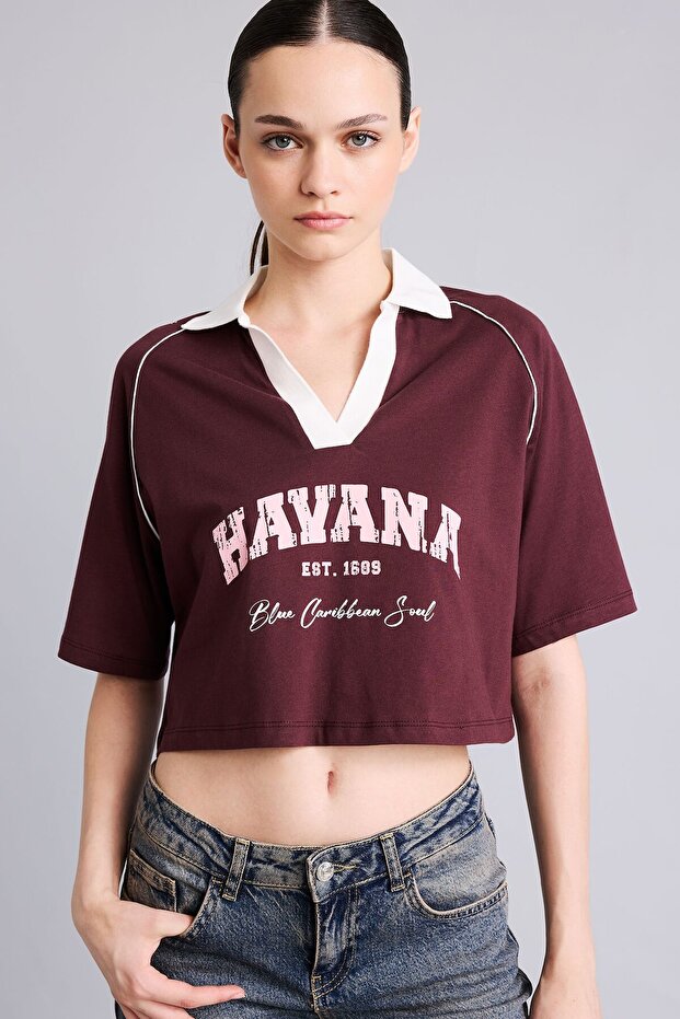 100% Cotton Oversize Contrast Polo Collar Printed Crop T-Shirt I6806Ax26Au