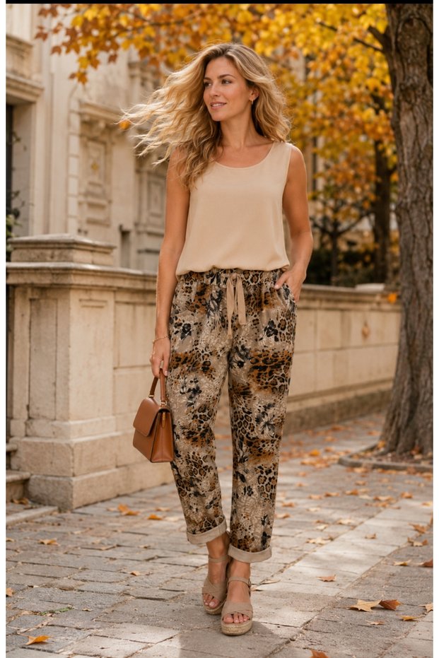 Leopard Patterned Original Italian Full-Ligra Women's Trousers 42-46