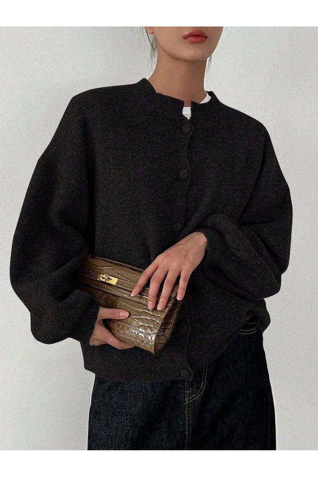 Oversize Loose Fit Crew Neck Balloon Sleeve Knitwear Women's Cardigan