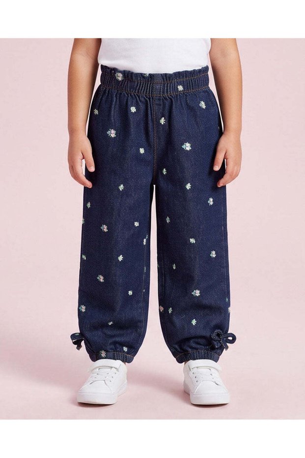 Girls Blue Embroidered Denim Trousers