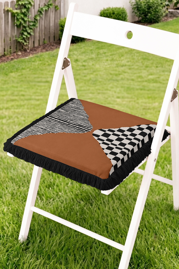 Geometric Patchwork Checkered and Striped Patterned Fringed Zippered Chair Cushion - Modern Patchwork Tufted Zippered Cushion