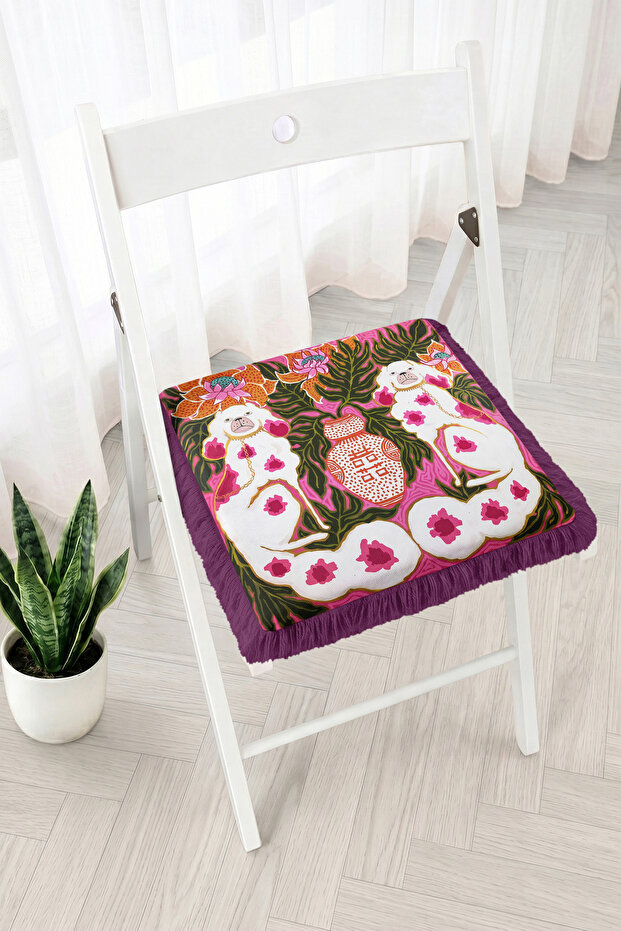 Fringed Zippered Chair Cushion with Sitting Cat Figure and Large Leaf Pattern - Patchwork Tufted Cushion