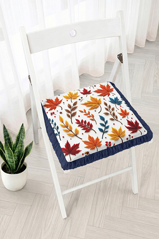 Fringed Zippered Chair Cushion with Autumn Leaves and Red Fruit Pattern - Patchwork Kitchen Decoration
