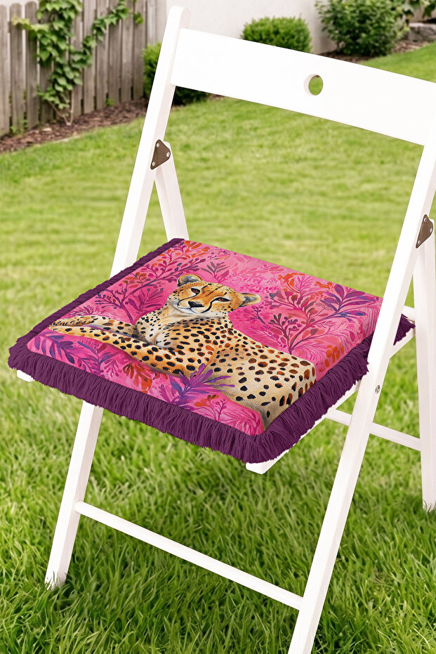 Leopard Figured Tropical Leaf Patterned Fringed Zippered Chair Cushion - Modern Decorative Cushion with Tassels